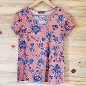 Pinc Floral Ladies Short Sleeved Blouse, XL